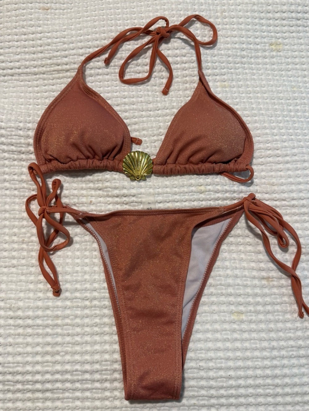 Rust Shimmer Shell Accent Tie Bikini Set